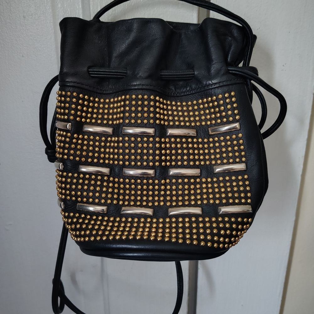 Vintage Black Leather Studded Bucket Bag with Gold Accents